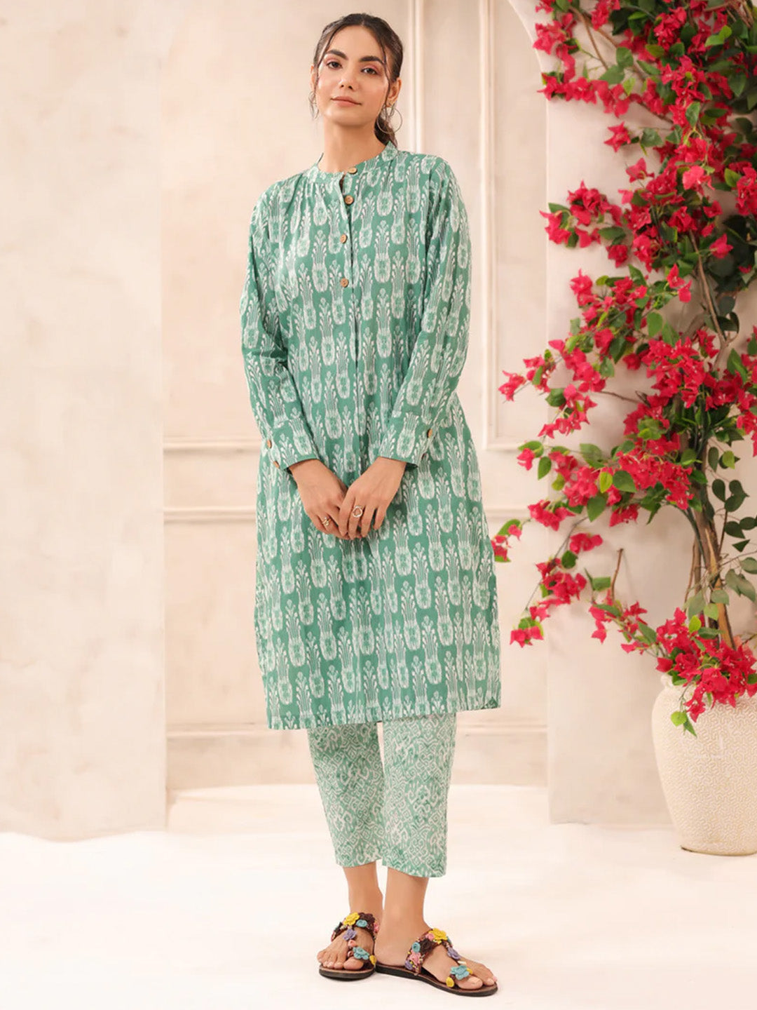 Green Ikkat Printed Cotton Kurta and Pants Set