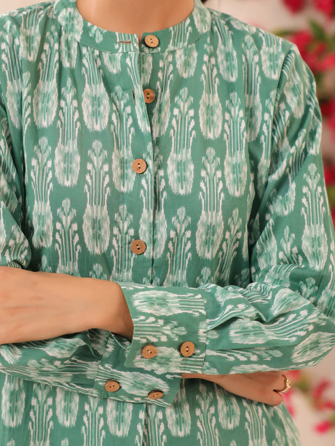 Green Ikkat Printed Cotton Kurta and Pants Set