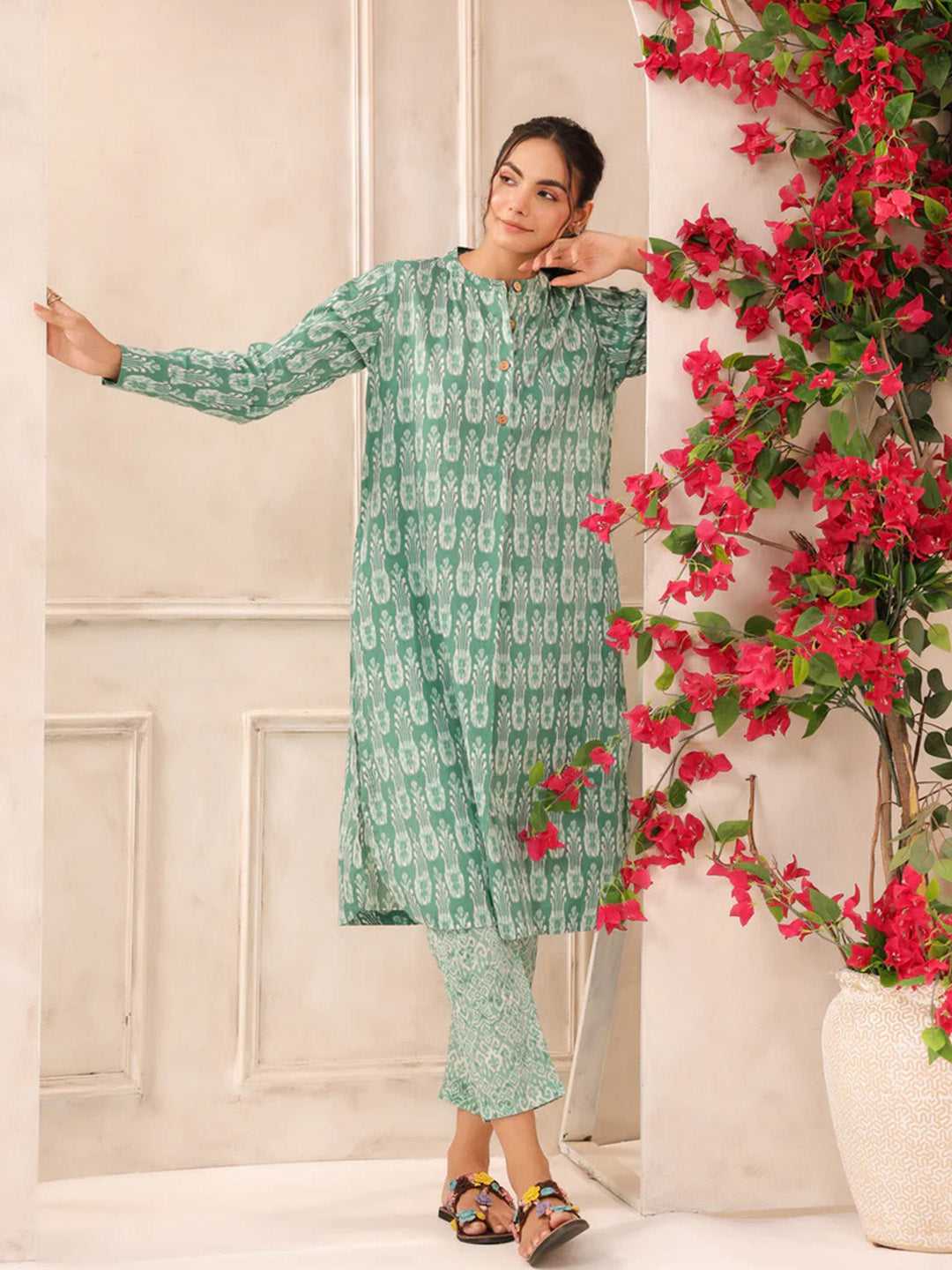Green Ikkat Printed Cotton Kurta and Pants Set
