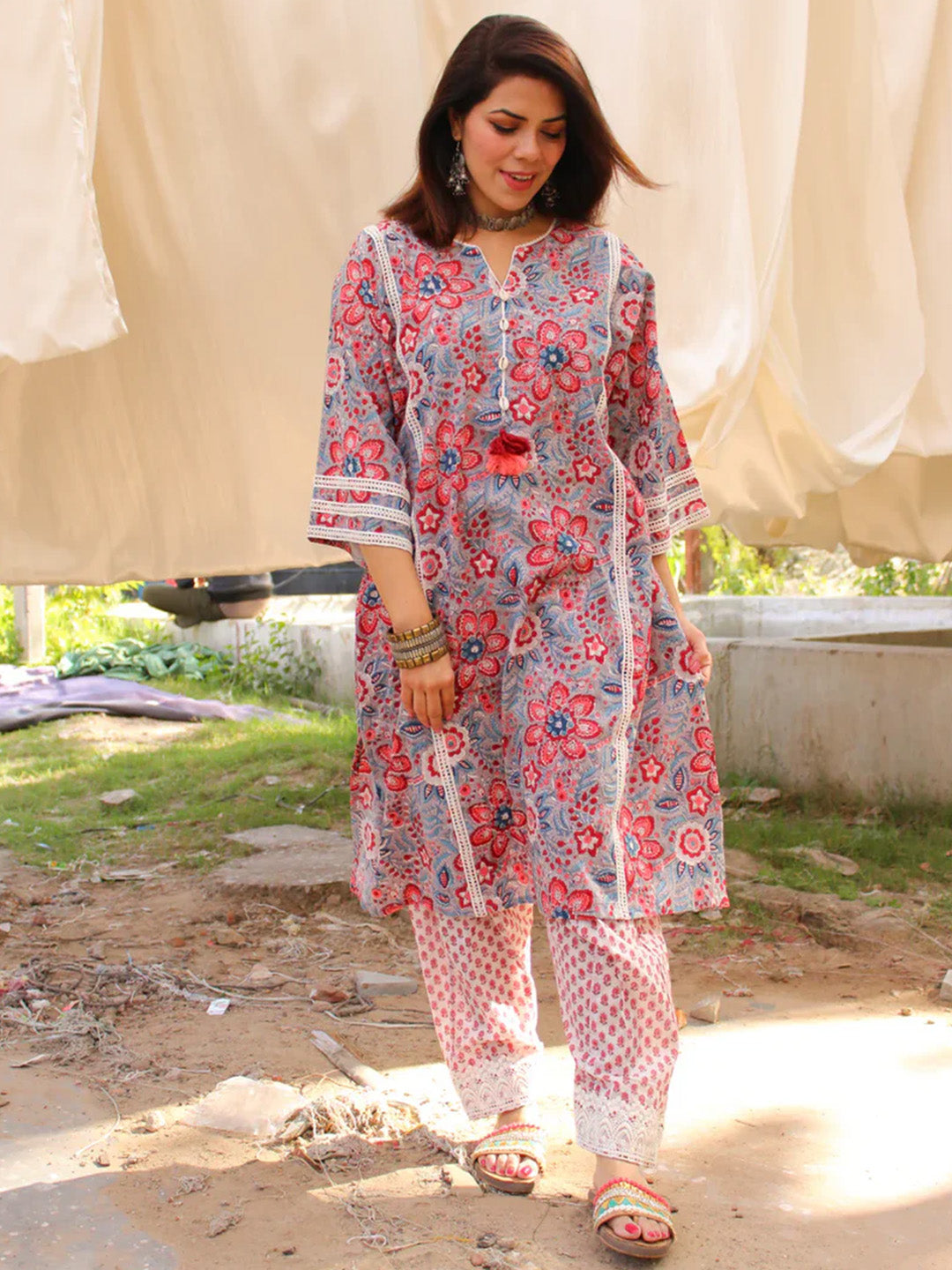 Afghani Chogha Set | Gray Floral