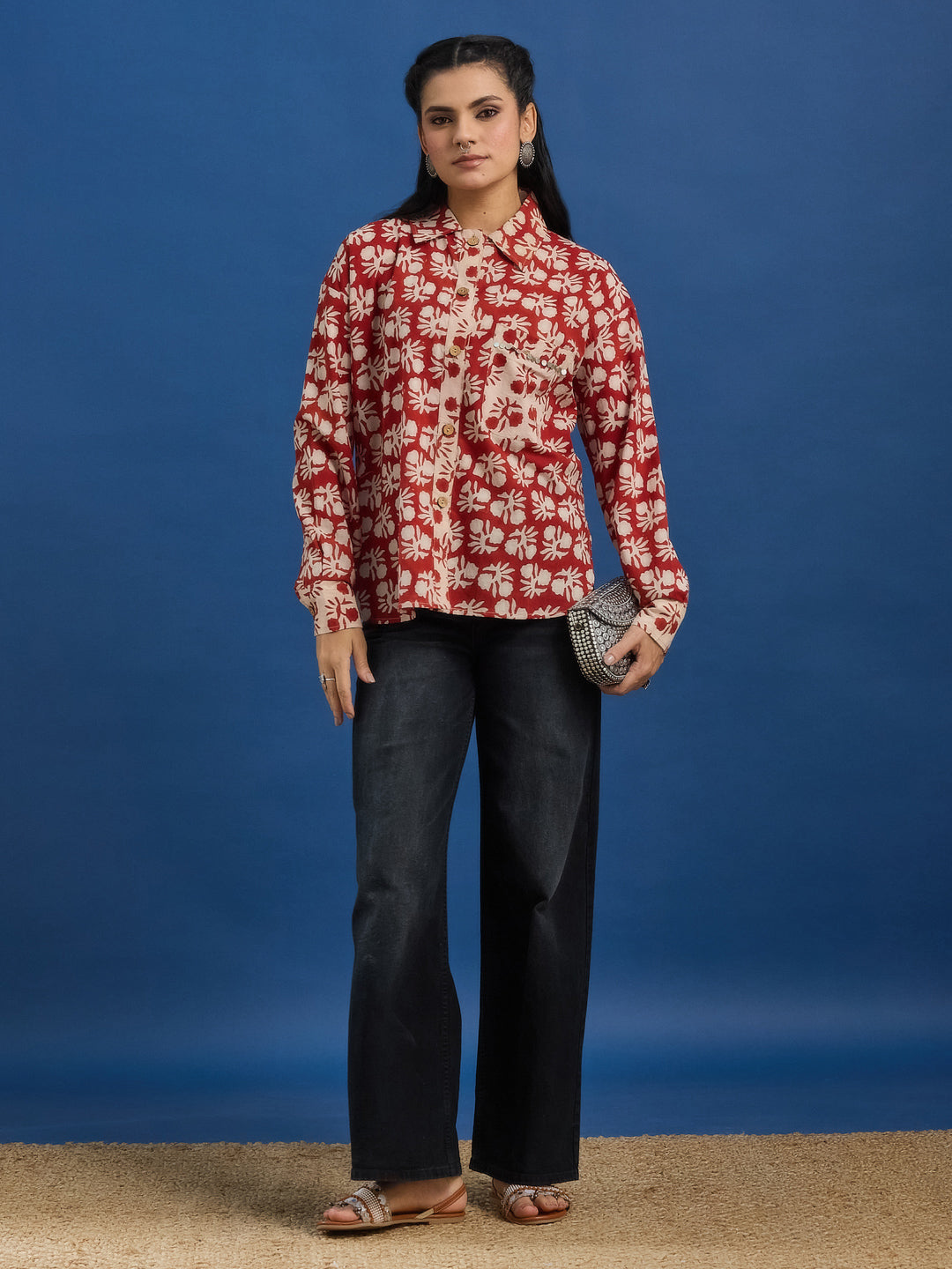 Maroon Bagru Printed Handblock Cotton Shirt