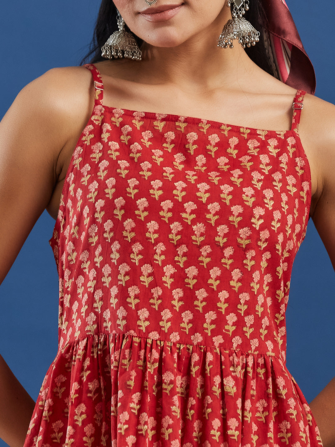 Red Handblock Printed Cotton Dress with Jacket