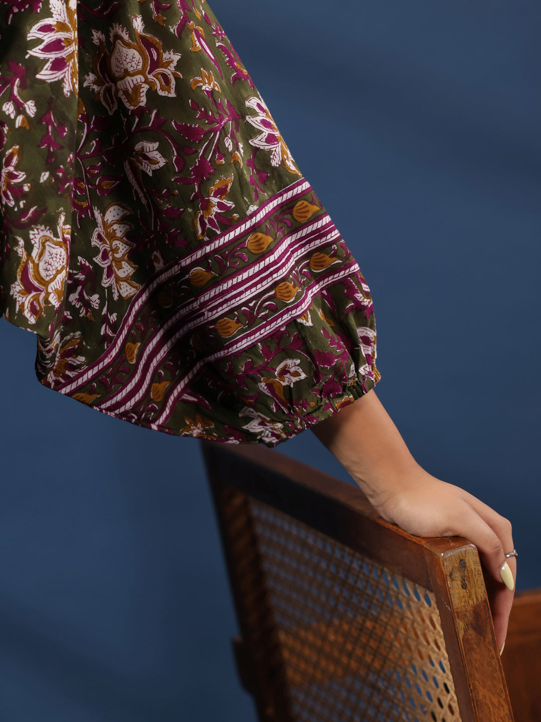 DarkGreen Handblock Printed Boho Volume Sleeves Top