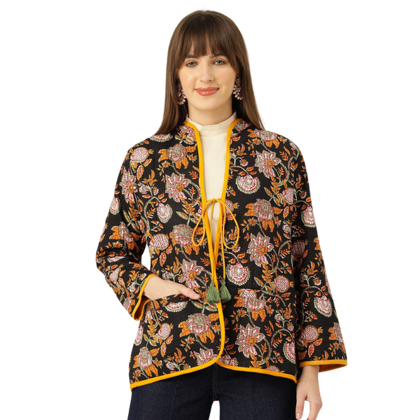 Quilted Block Print Jacket | Yellow & Black