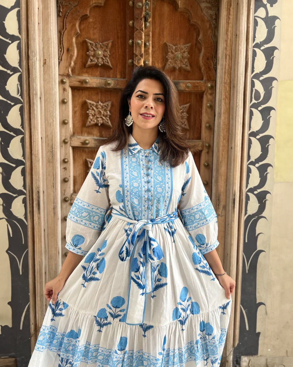 Mughal Print Dress | Sky Blue