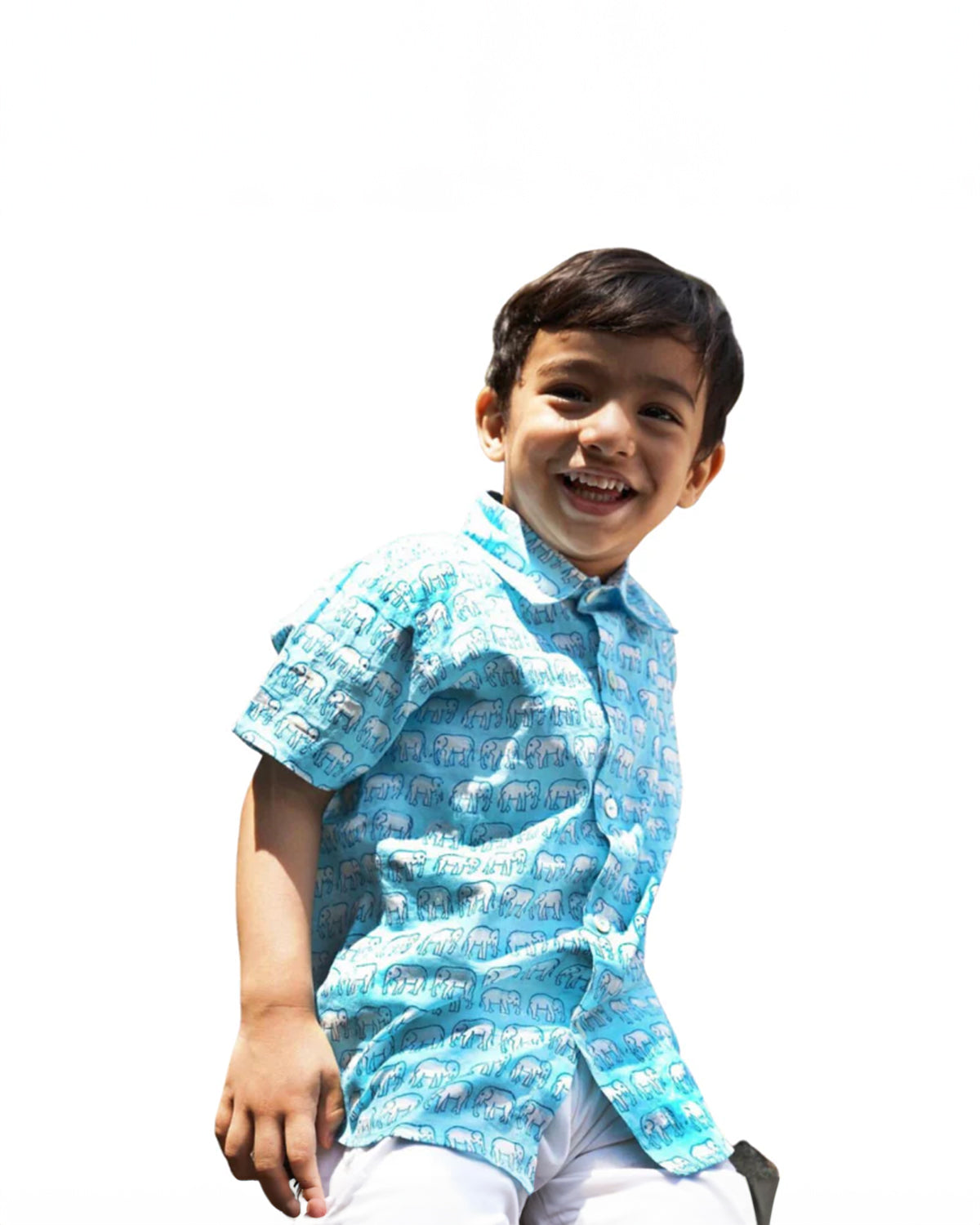 Block Print Kids Button Down Shirt | Blue Elephant