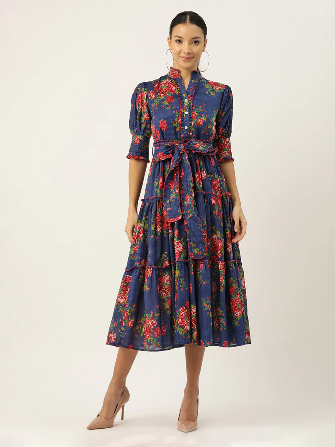 Blue Floral Print Puff Sleeve Fit & Flare Midi Dress