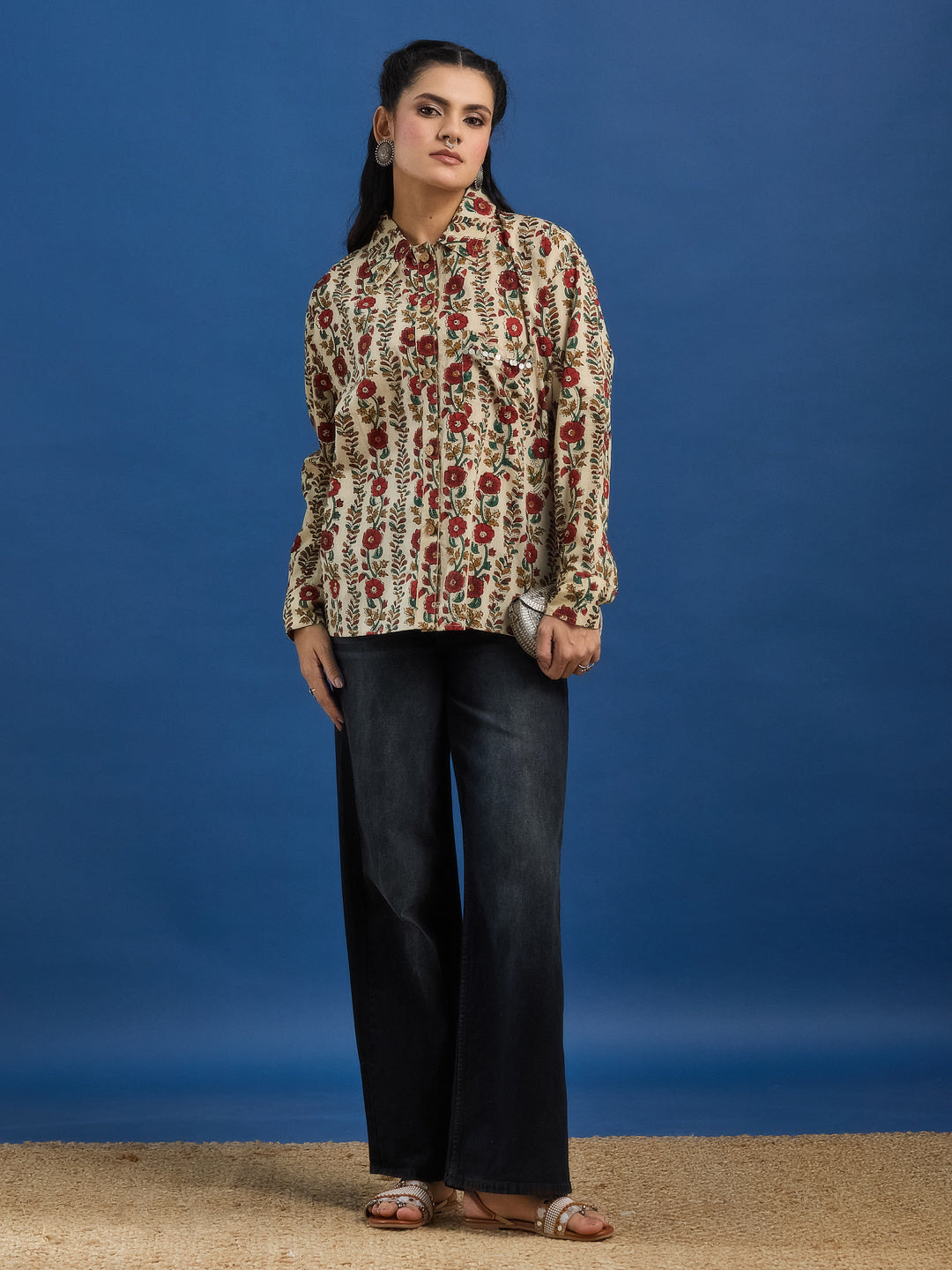 Cream Bagru Handblock Printed Lose Fit Cotton Shirt