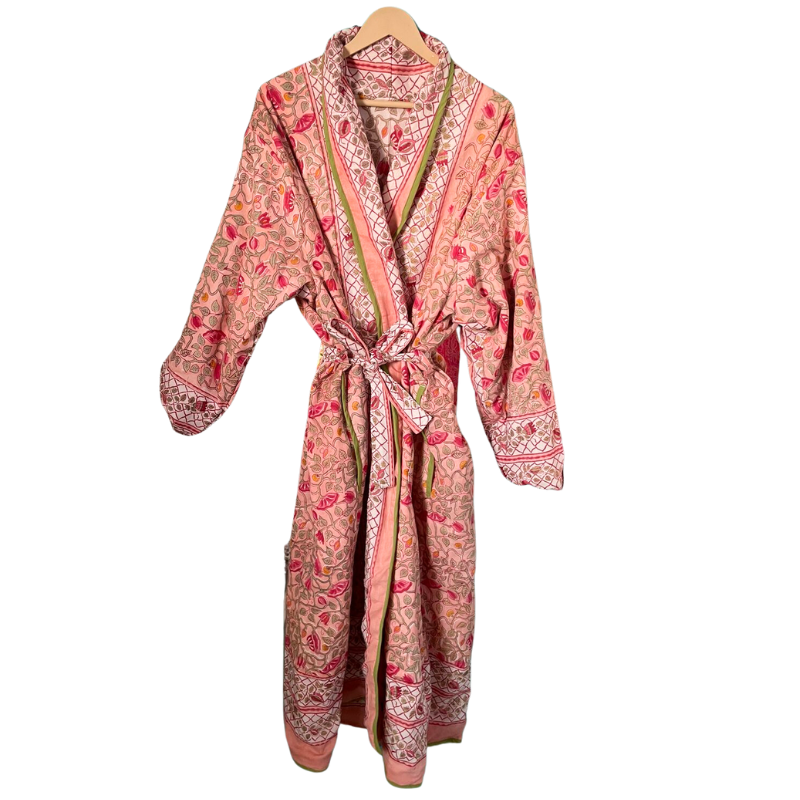 Block Print Quilted Cotton Robe | Peach Floral