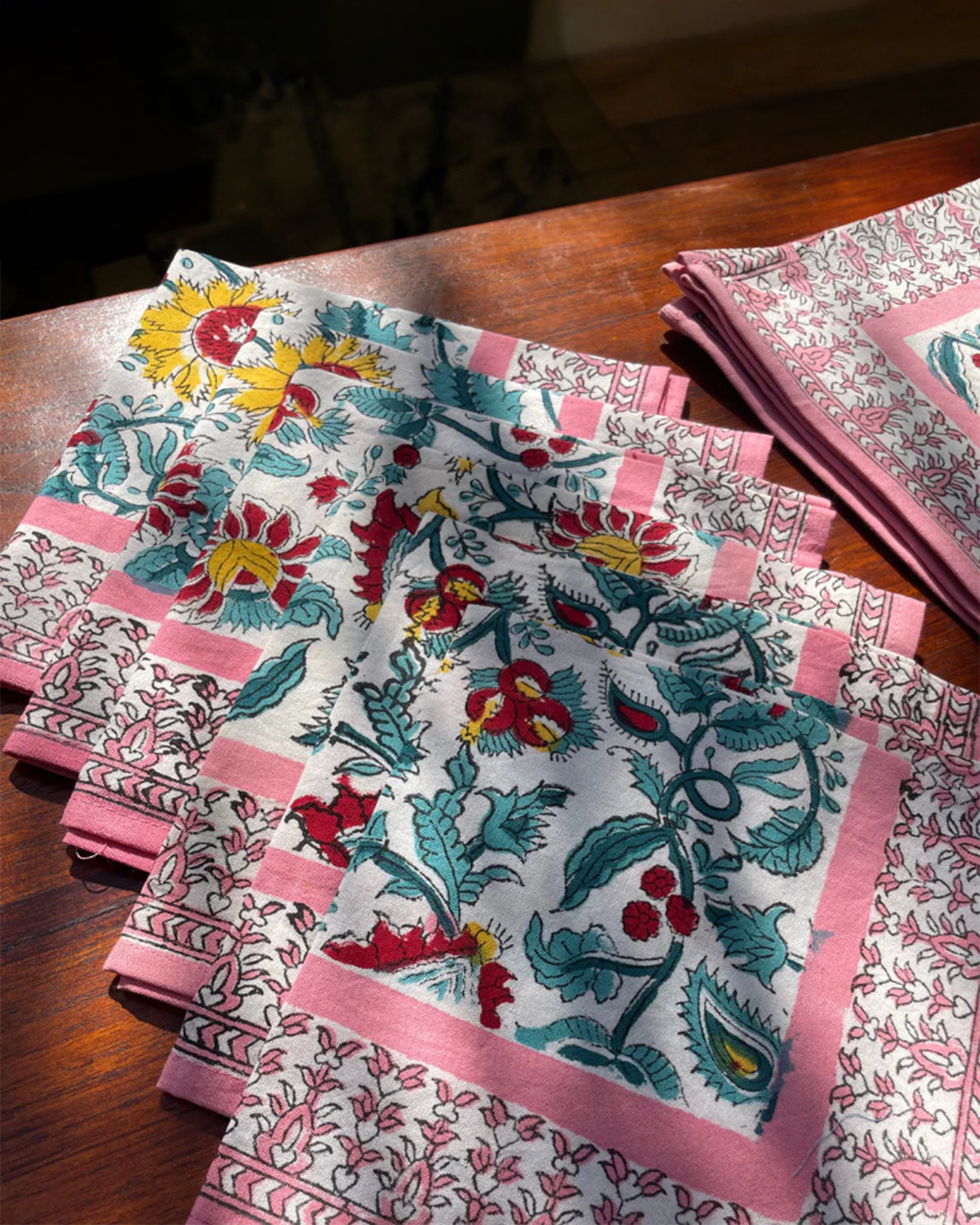 Block Print Placemat & Napkin Set | Pink Floral