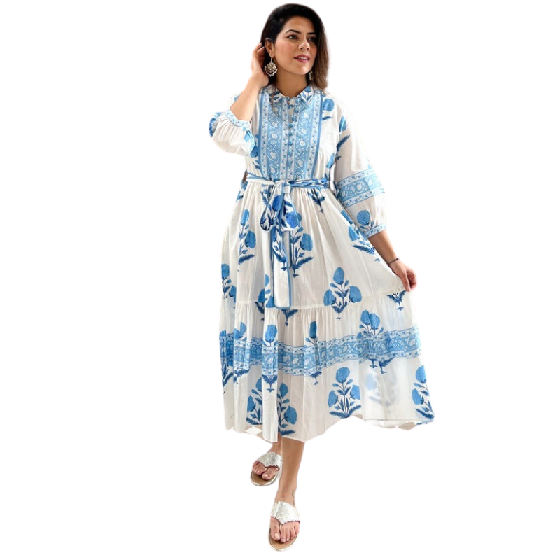Mughal Print Dress | Sky Blue