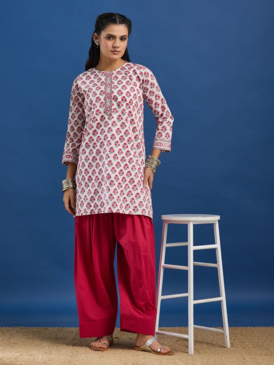 White Floral Hand Block Printed Kurta & Farshi Salwar Set