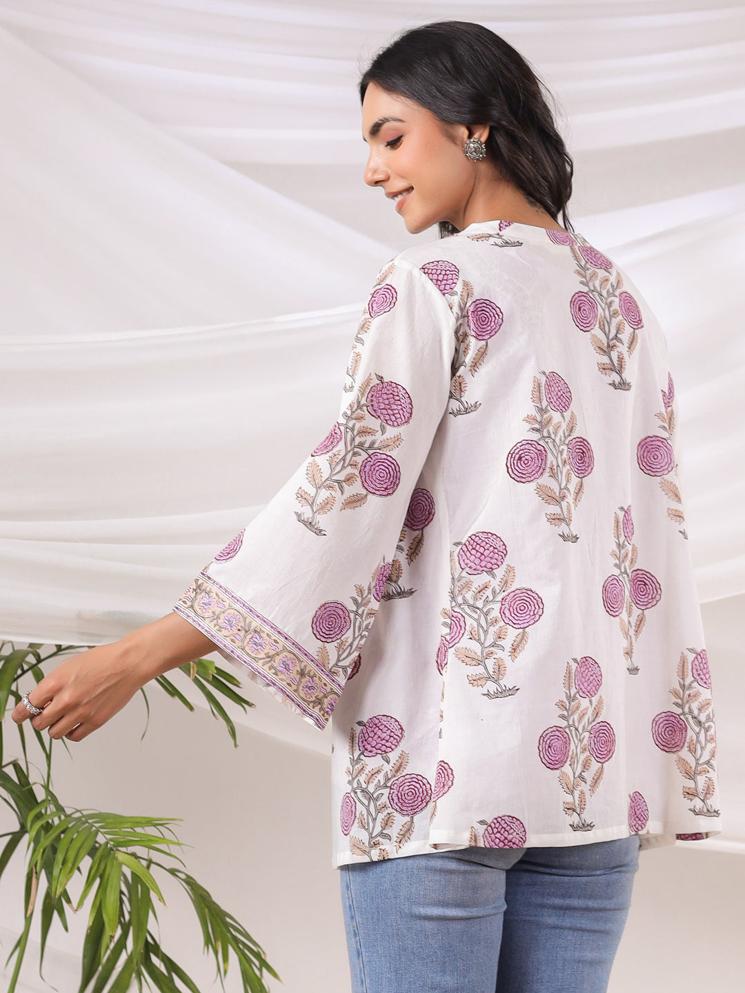 White & Lavender Handblock Printed Cotton Inner & Jacket Set