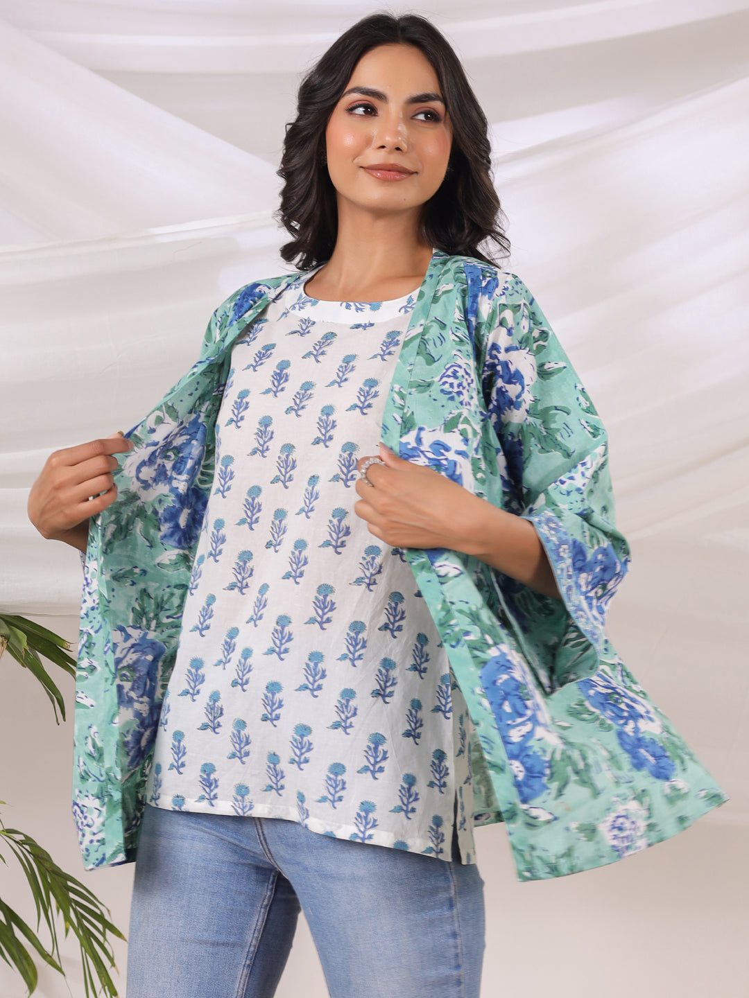 Blue & Green Handblock Printed Cotton Inner & Jacket Set
