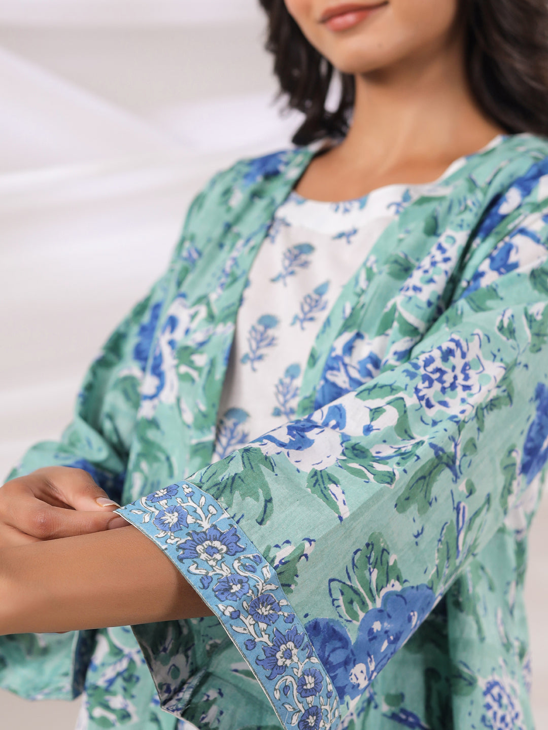 Blue & Green Handblock Printed Cotton Inner & Jacket Set