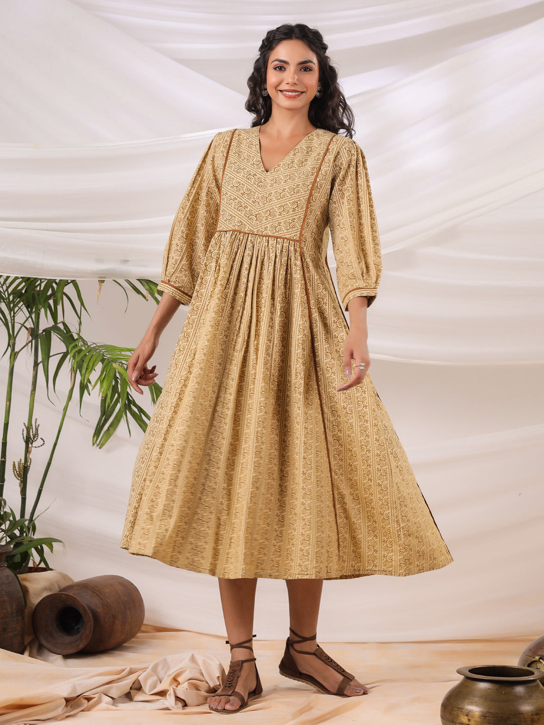 Rust Printed V-neck Dress with lining and Pockets