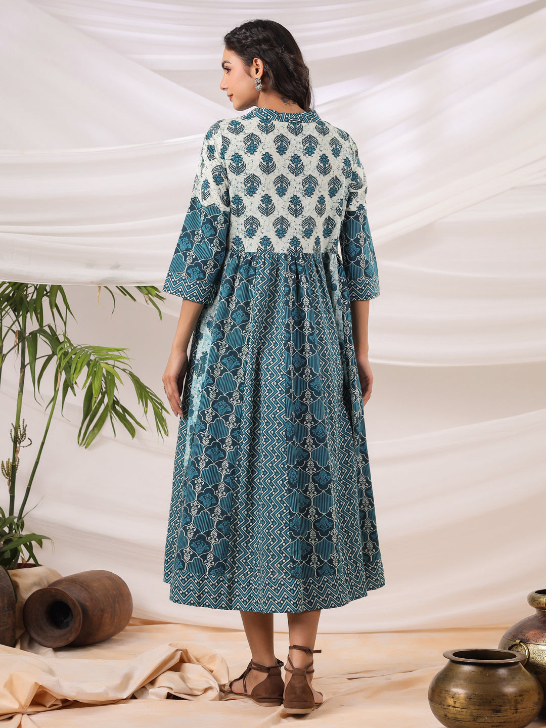 Anokhi Teal Printed Cotton Dress