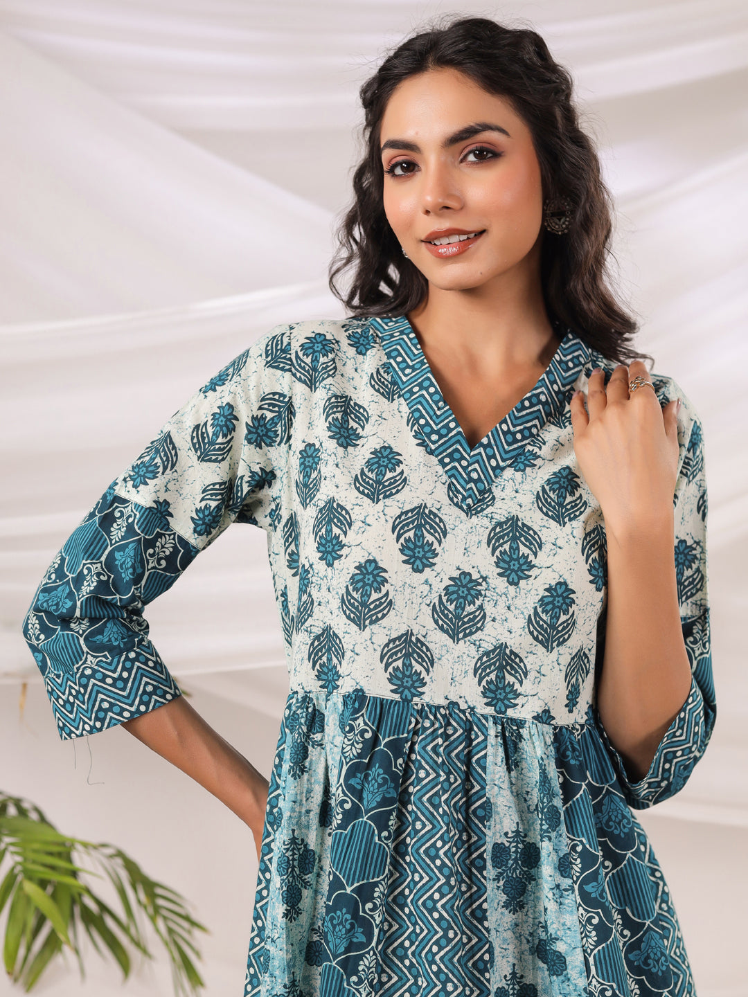 Anokhi Teal Printed Cotton Dress