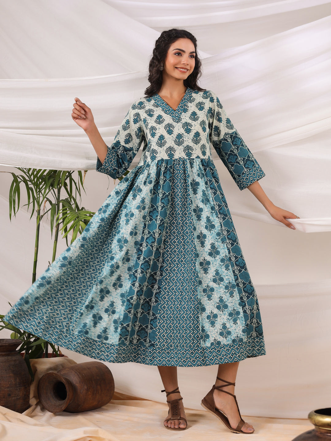 Anokhi Teal Printed Cotton Dress