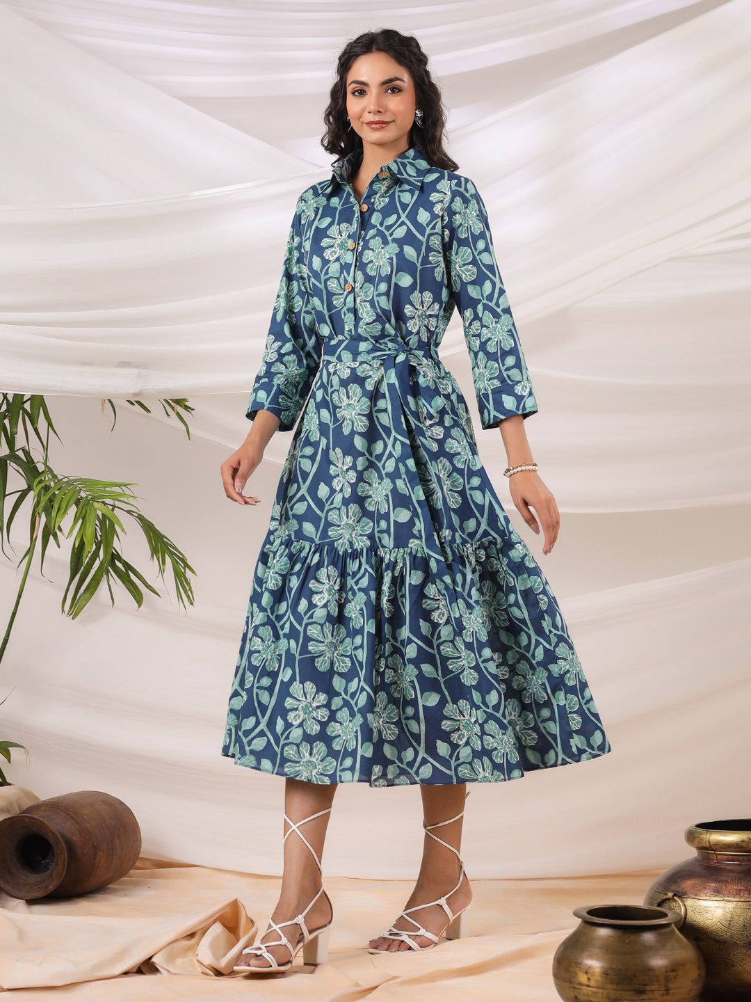 Teal Printed Collared Dress with Pockets
