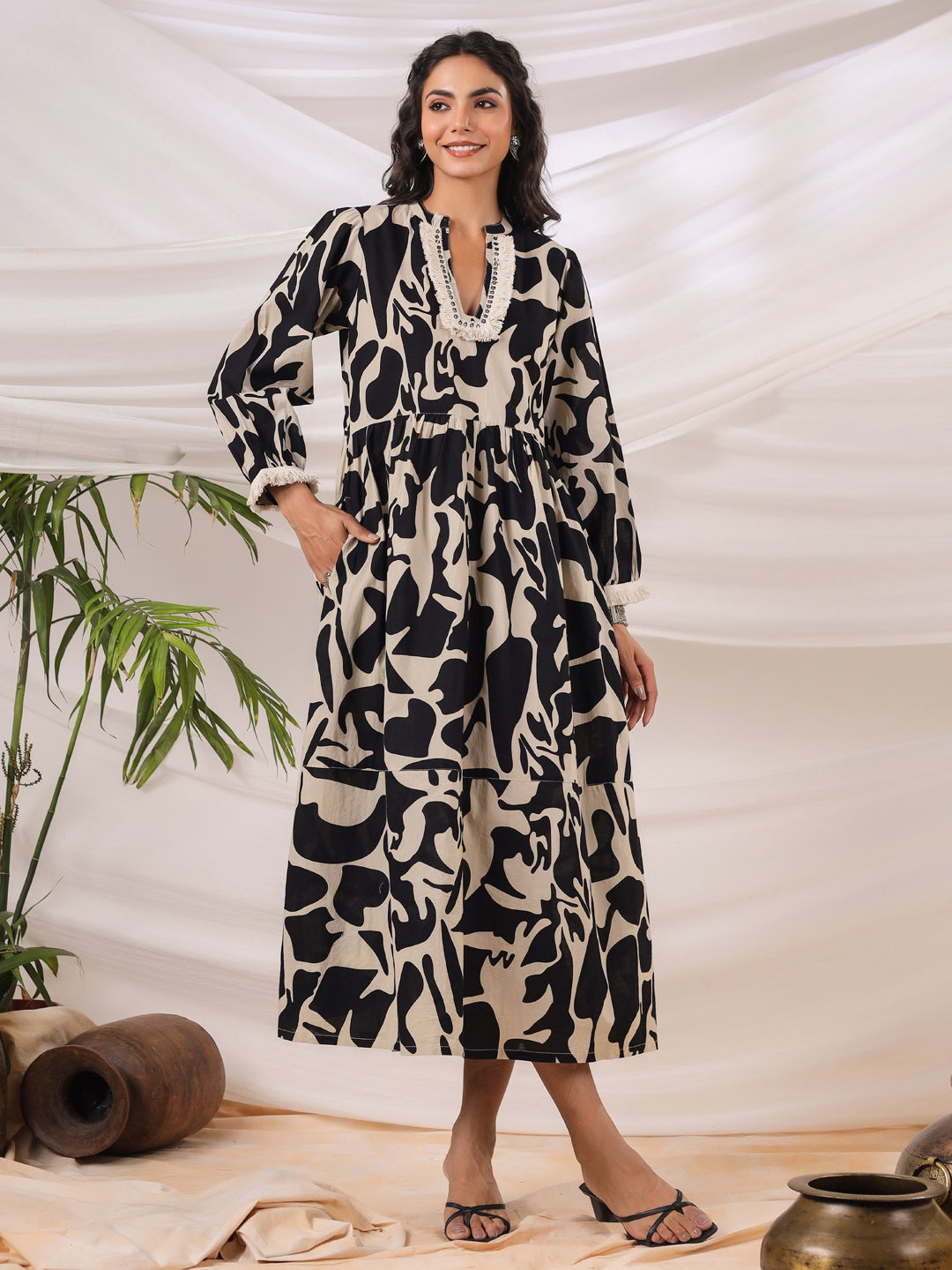 Black & Cream Printed Dress