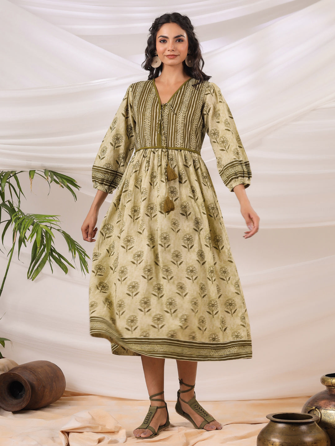 Gul Olive Printed Cotton Dress