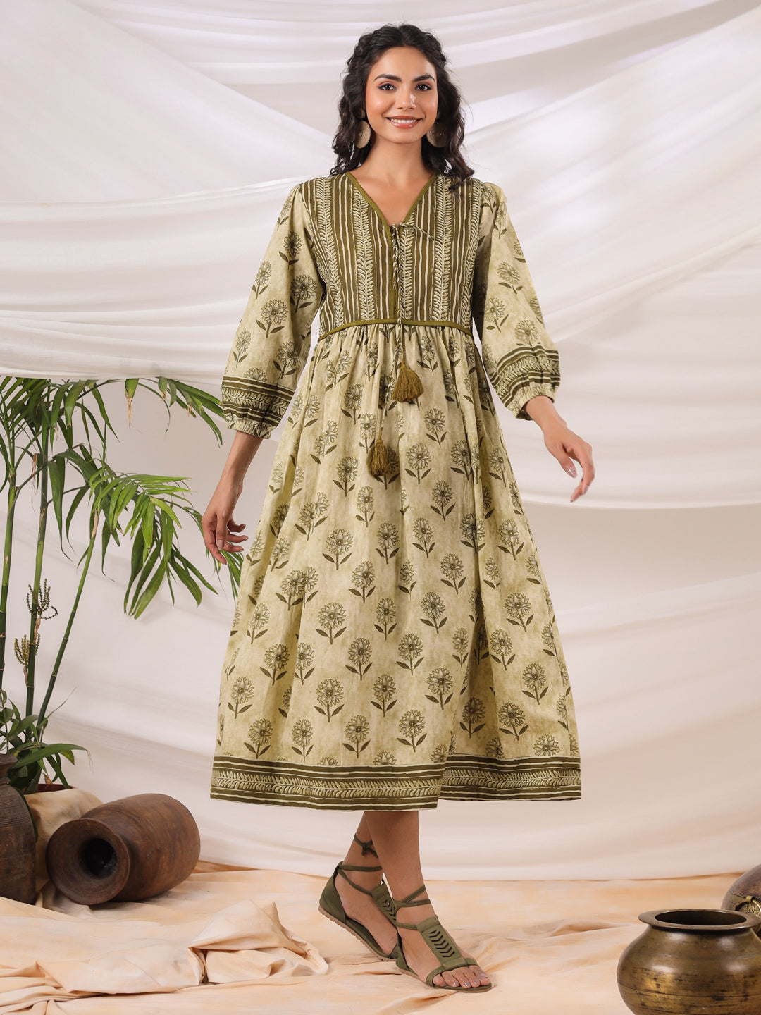 Gul Olive Printed Cotton Dress