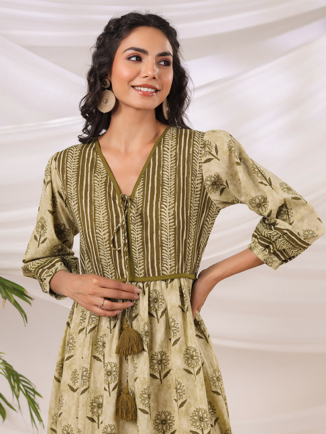 Gul Olive Printed Cotton Dress