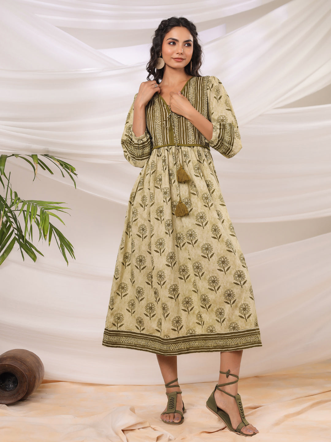 Gul Olive Printed Cotton Dress