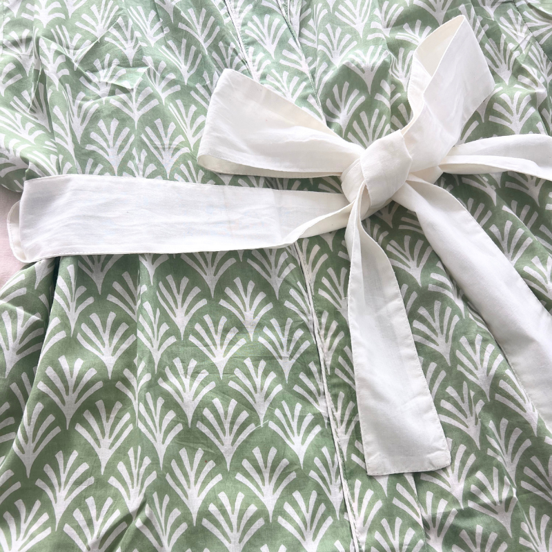 SECONDS | Block Print Cotton Robe | Soft Sage | No Beltloops