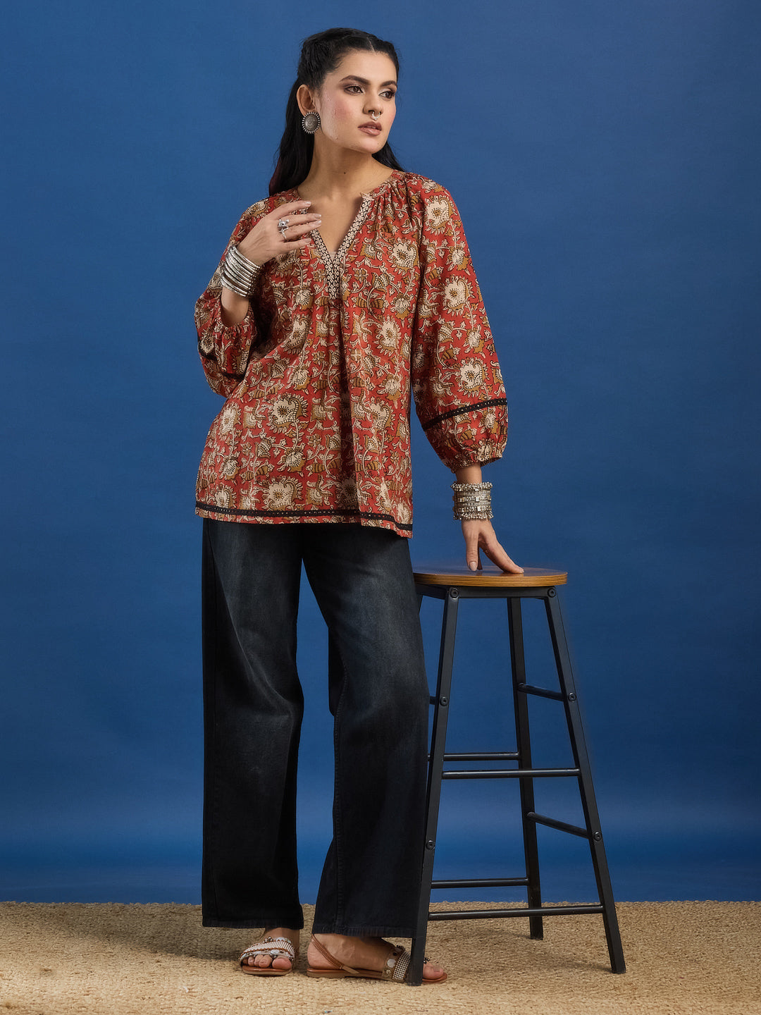 Red Floral Handblock Printed Cotton Top with Lace Detailing
