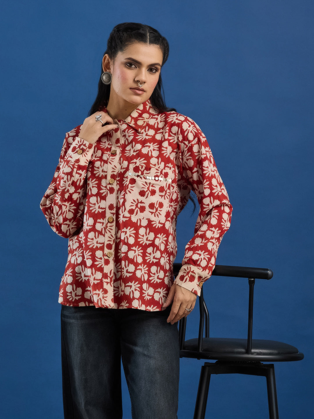 Maroon Bagru Printed Handblock Cotton Shirt
