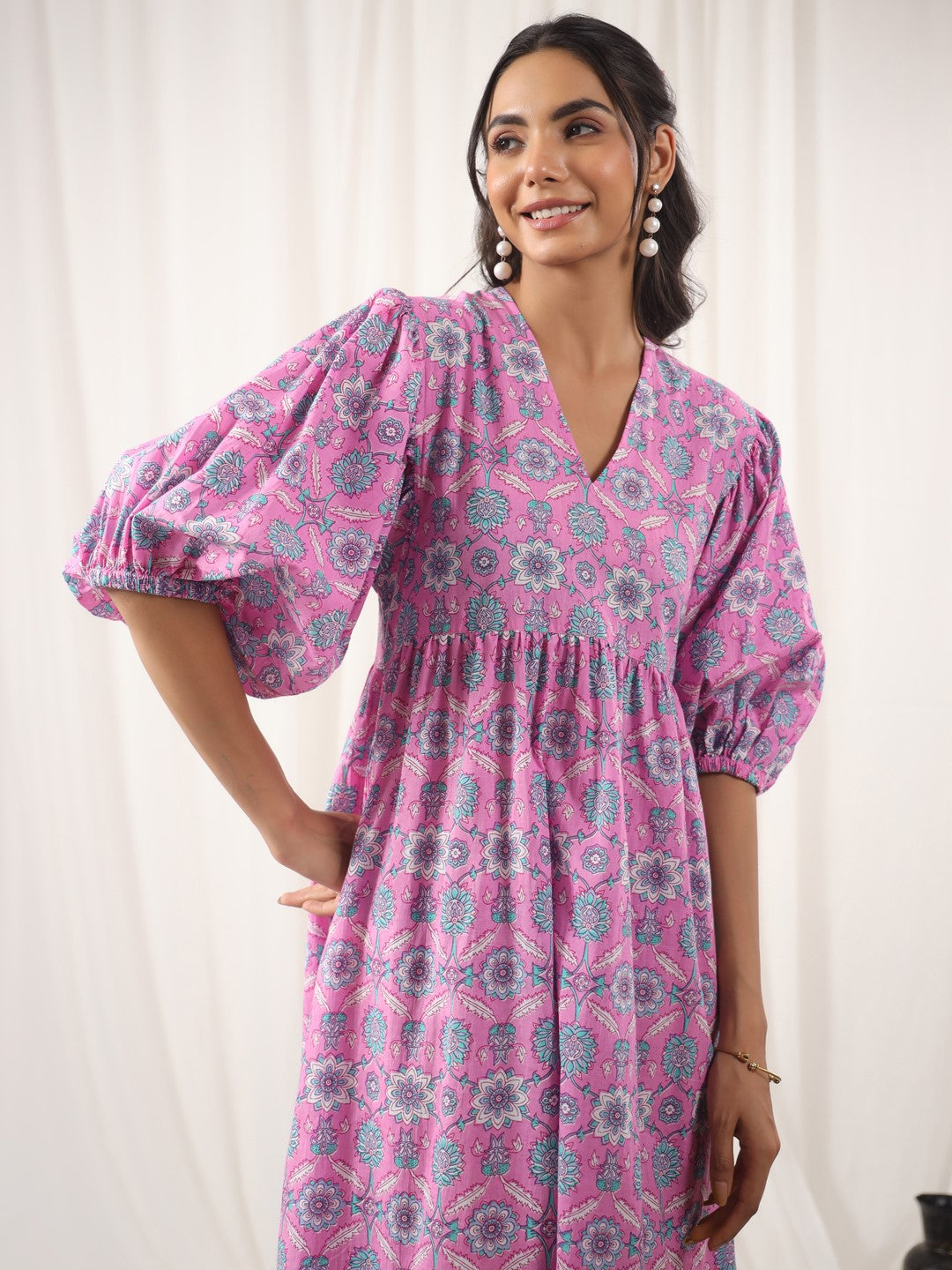 Floral Pink Printed Cotton Dress