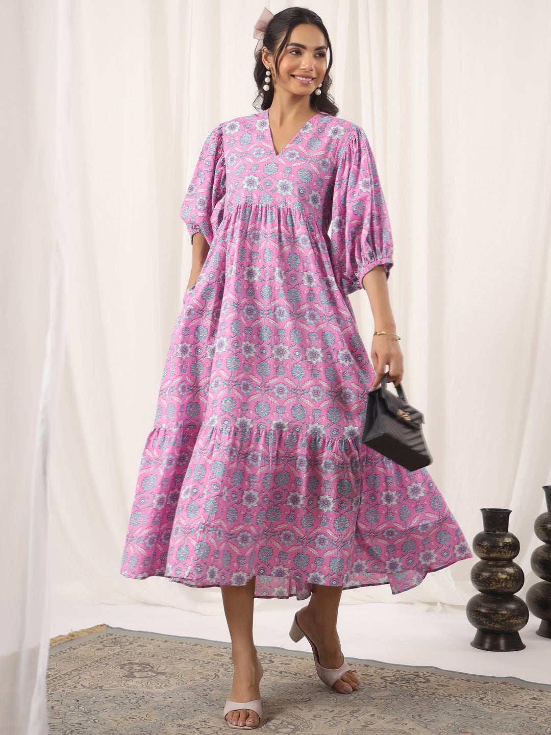 Floral Pink Printed Cotton Dress