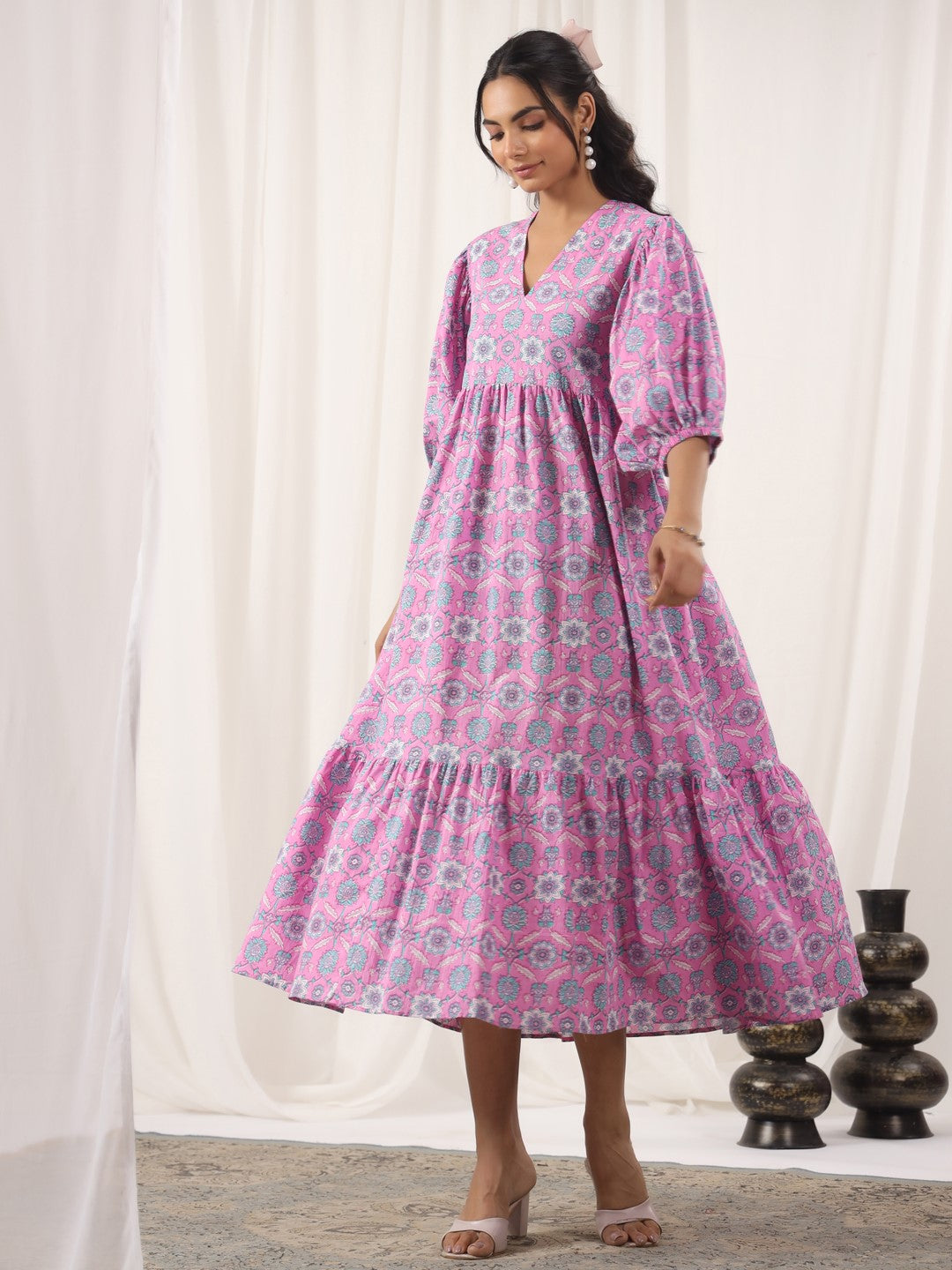 Floral Pink Printed Cotton Dress