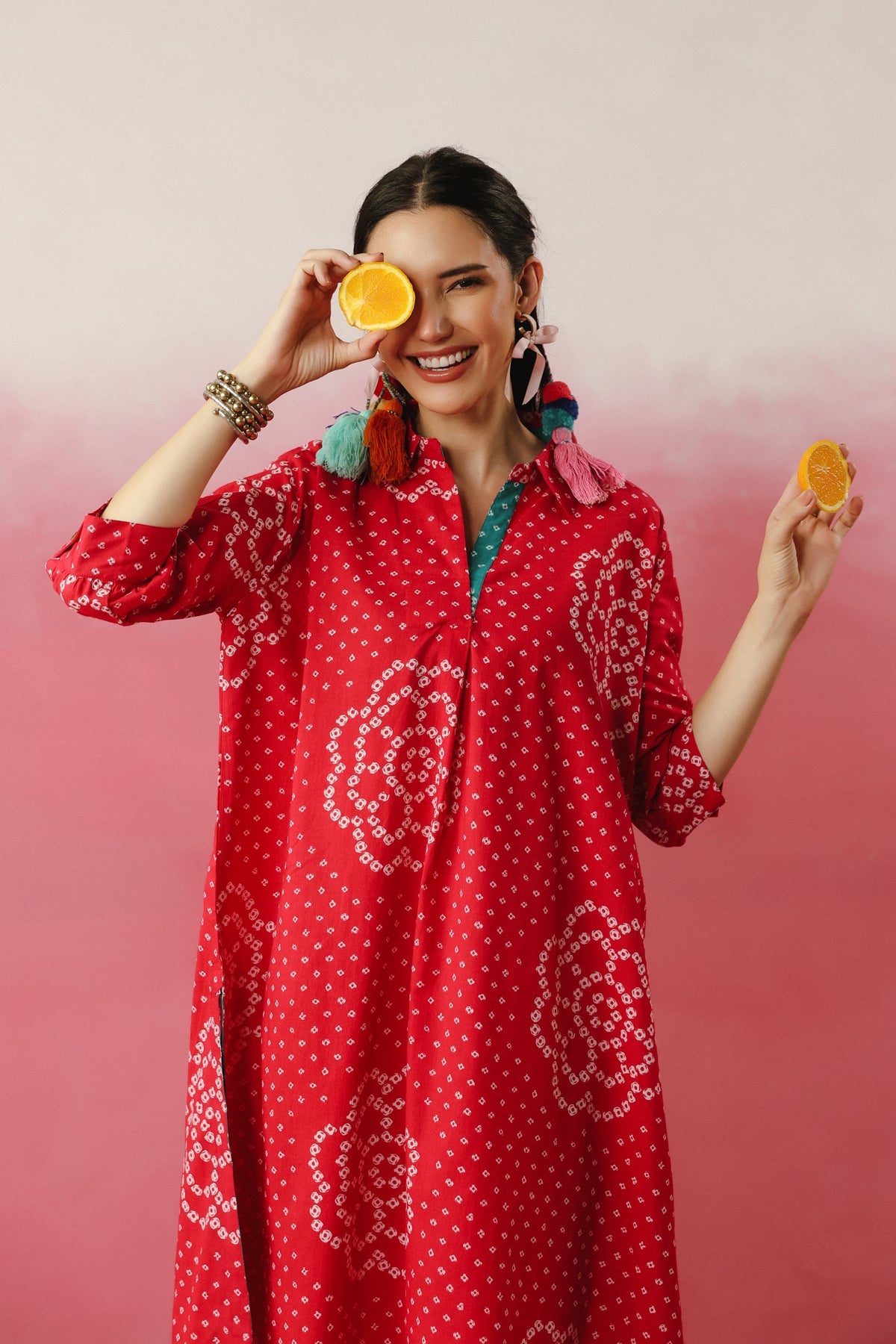 Pink Bandhej Anti-Fit/Lose-Fit Kurta with Pants