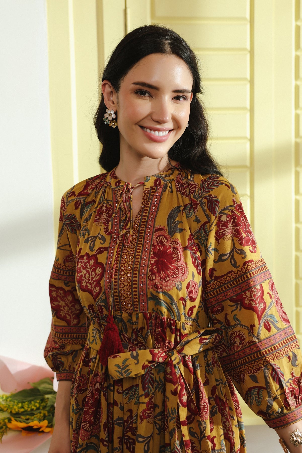Mustard Vintage Floral Tie-Waist Cotton Dress