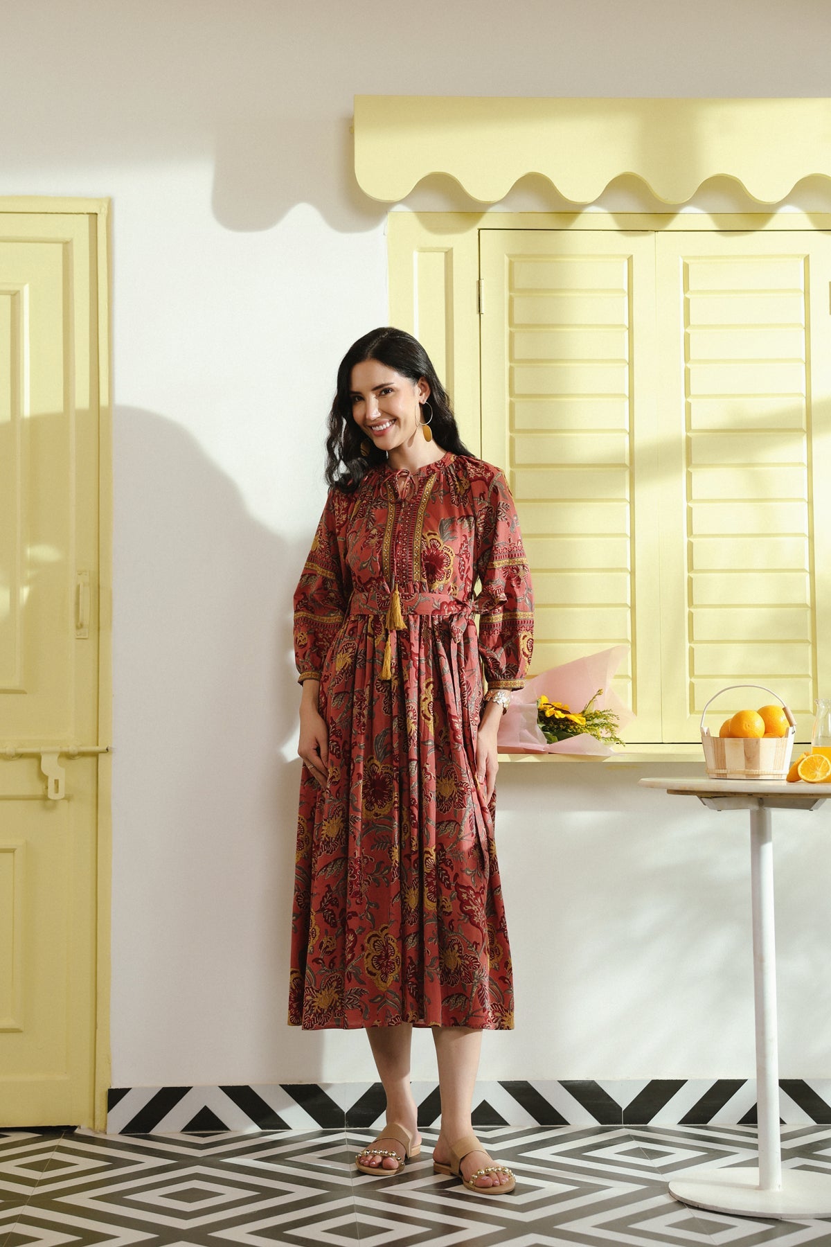 Pink Vintage Floral Tie-Waist Cotton Dress