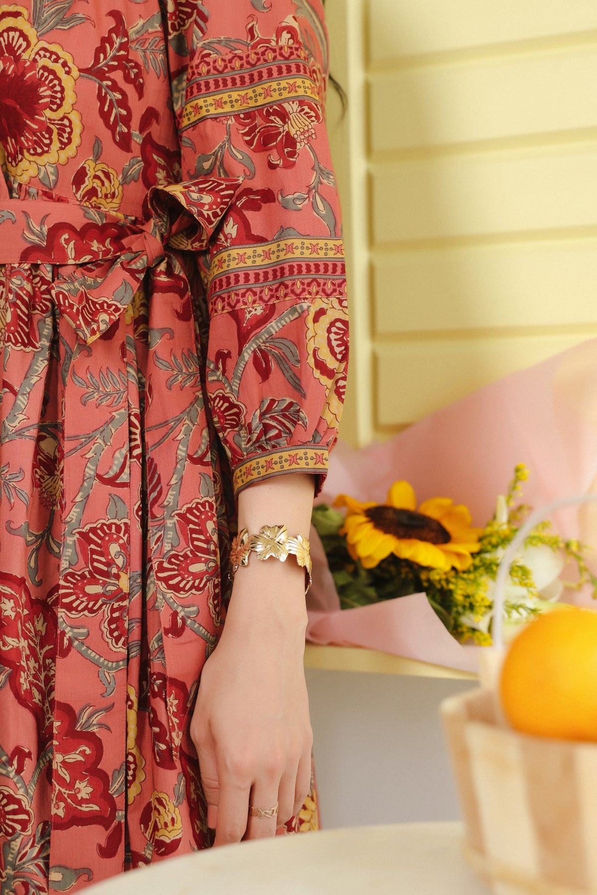 Pink Vintage Floral Tie-Waist Cotton Dress