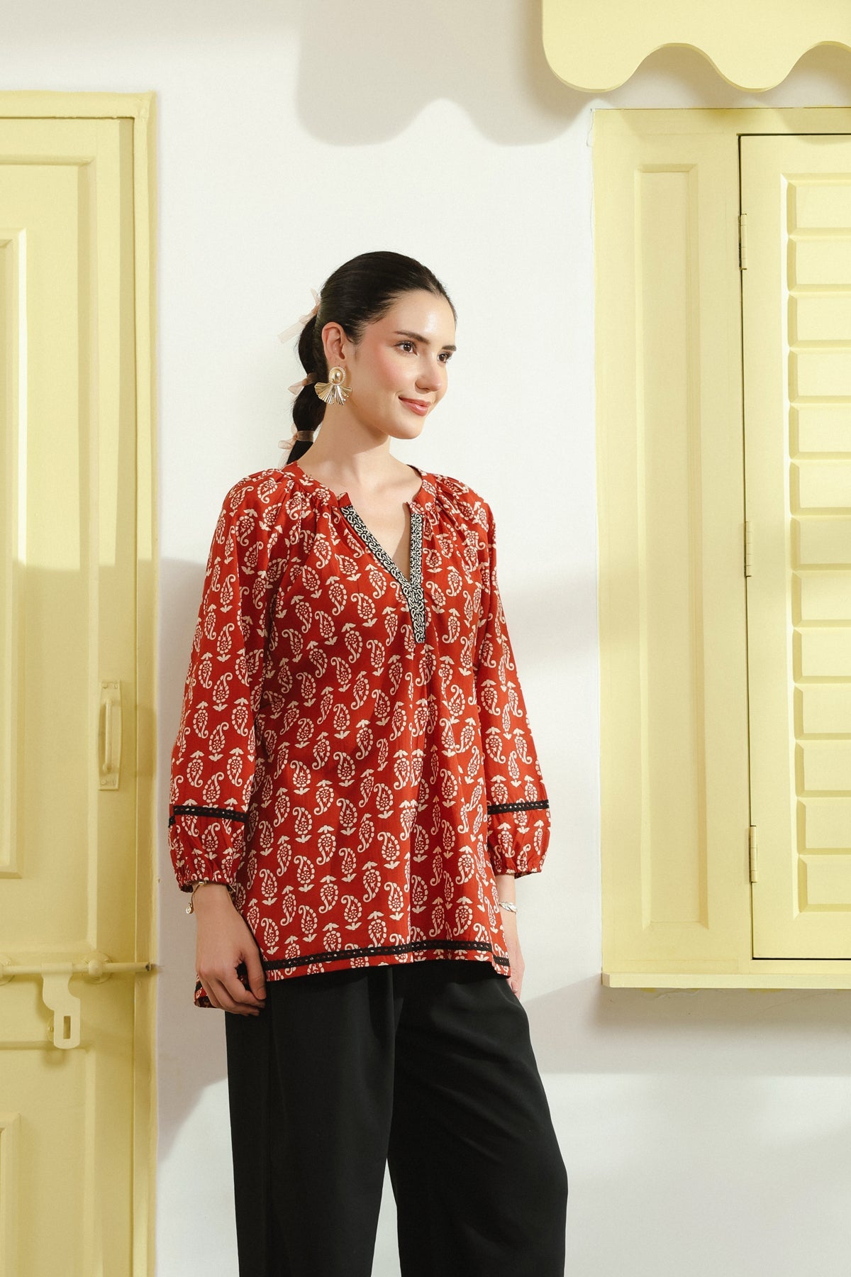 Red Ethnic Printed V-Neck Cotton Top with Lace Detailing