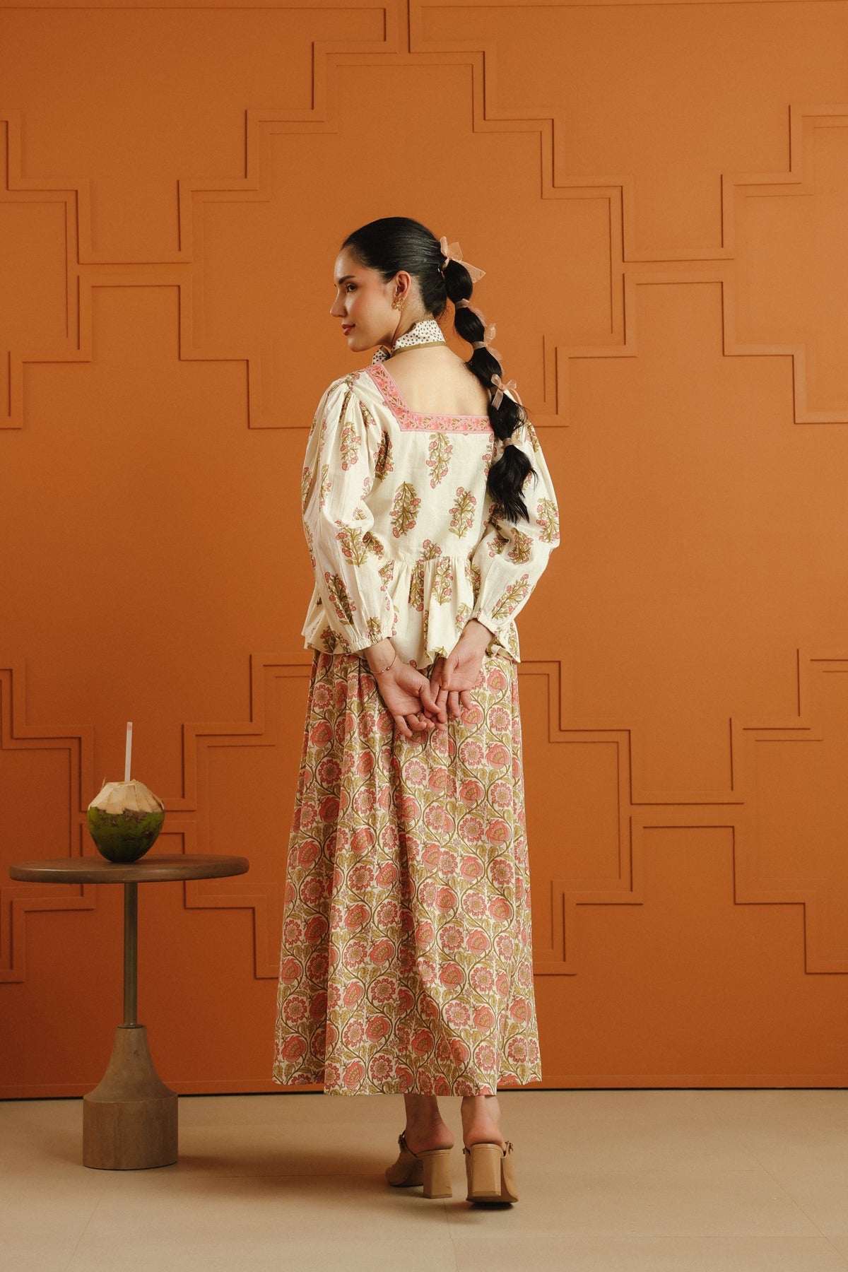 Cream Floral Printed Cotton Top & Skirt Set