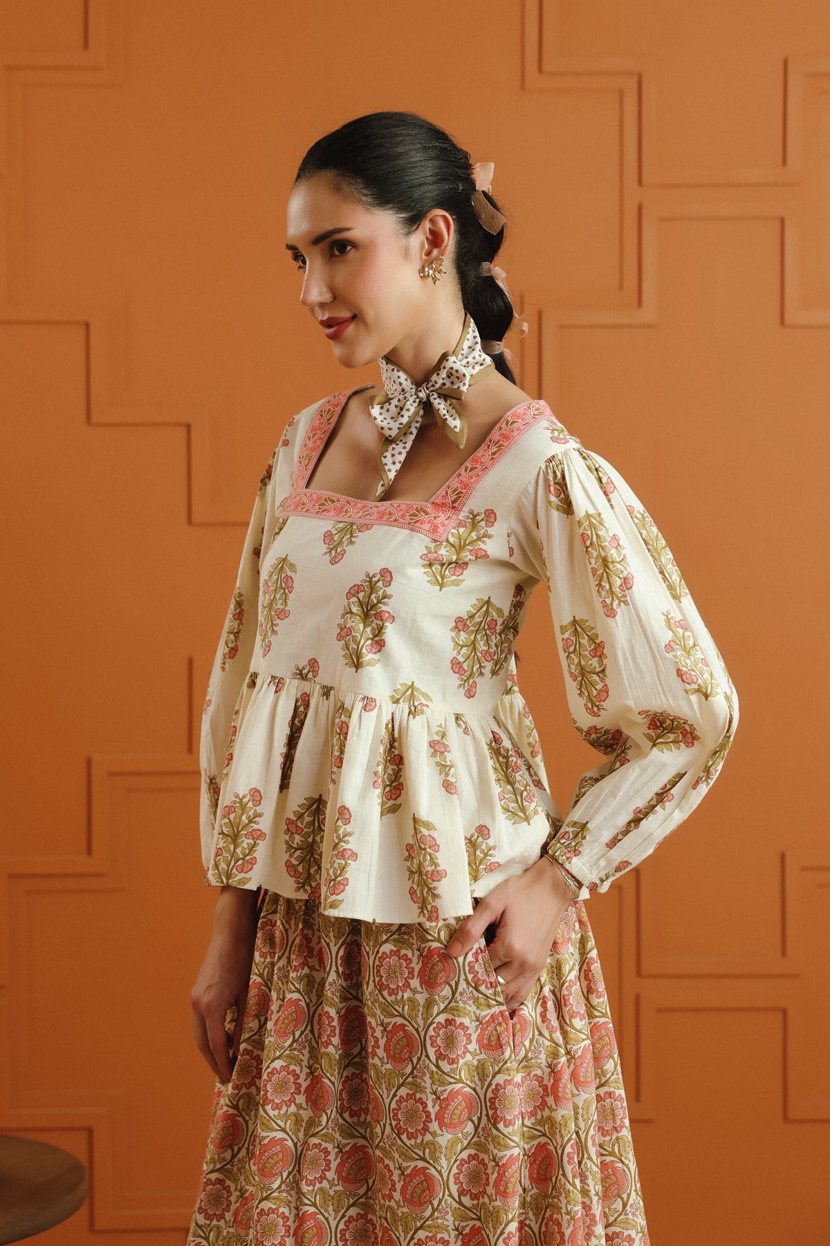 Cream Floral Printed Cotton Top & Skirt Set
