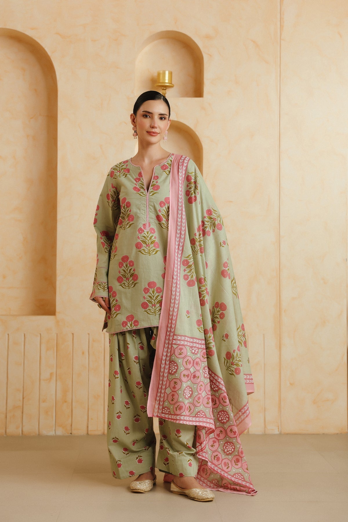 Green Printed Cotton Farshi Kurta, Salwar & Dupatta Set