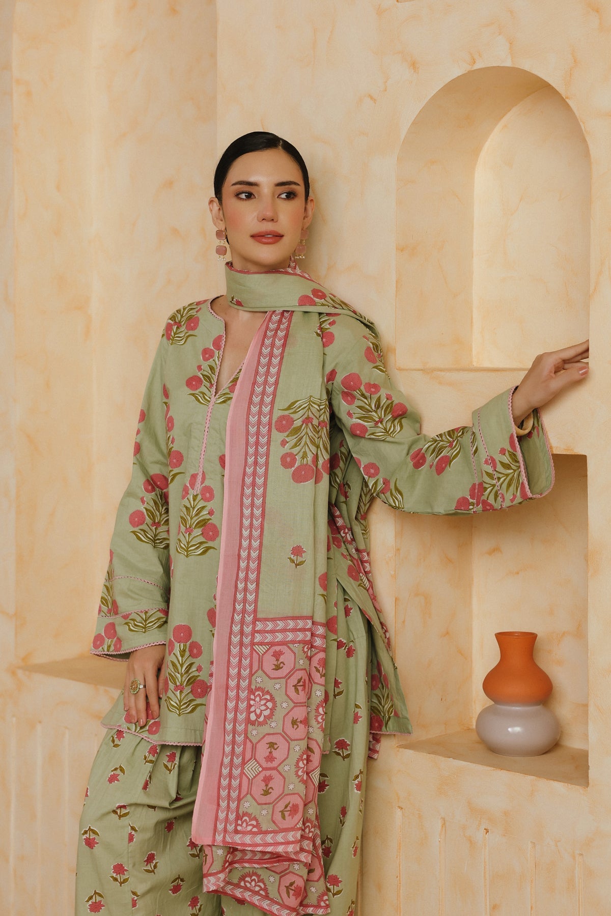 Green Printed Cotton Farshi Kurta, Salwar & Dupatta Set