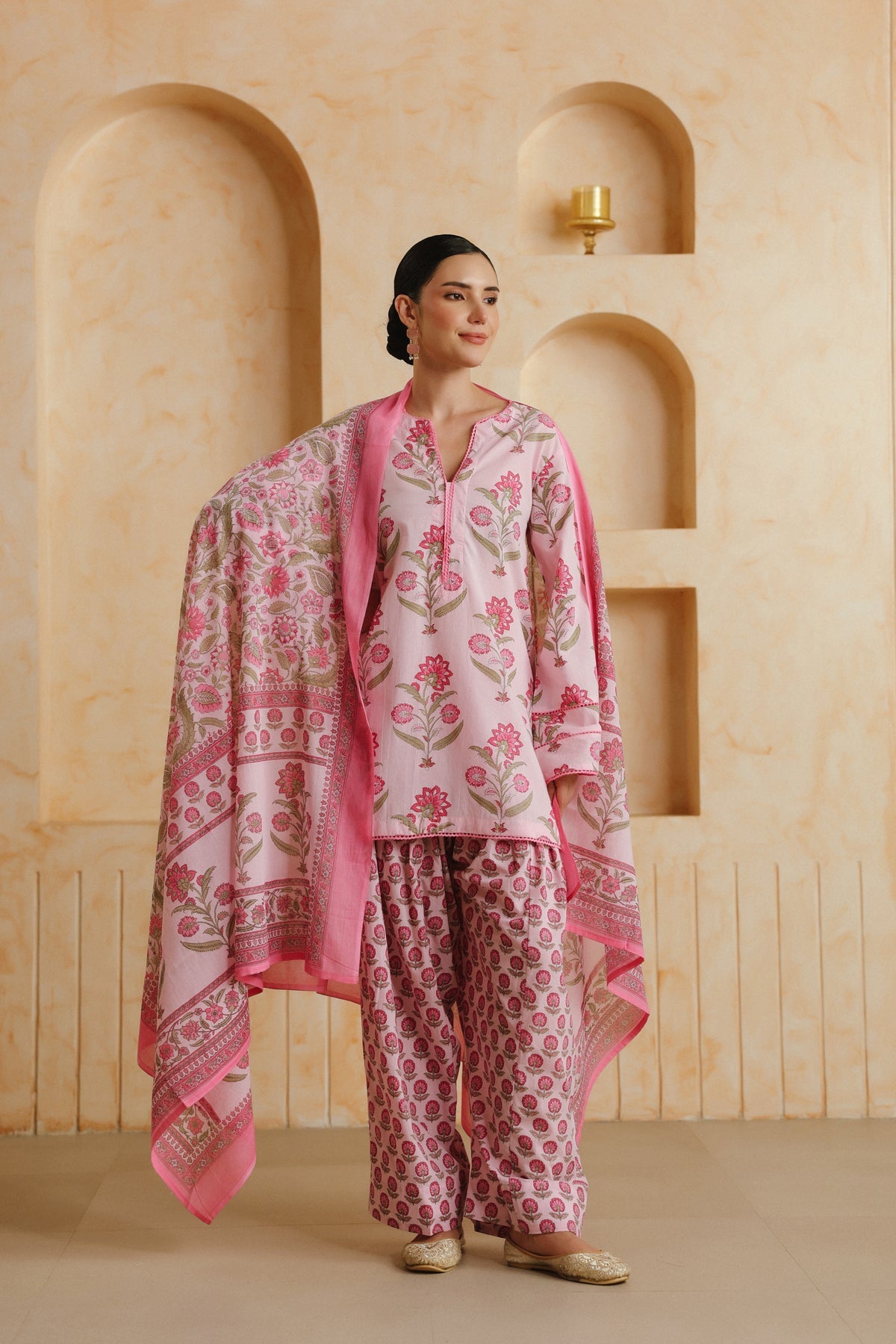 Pink Printed Cotton Farshi Kurta, Salwar & Dupatta Set