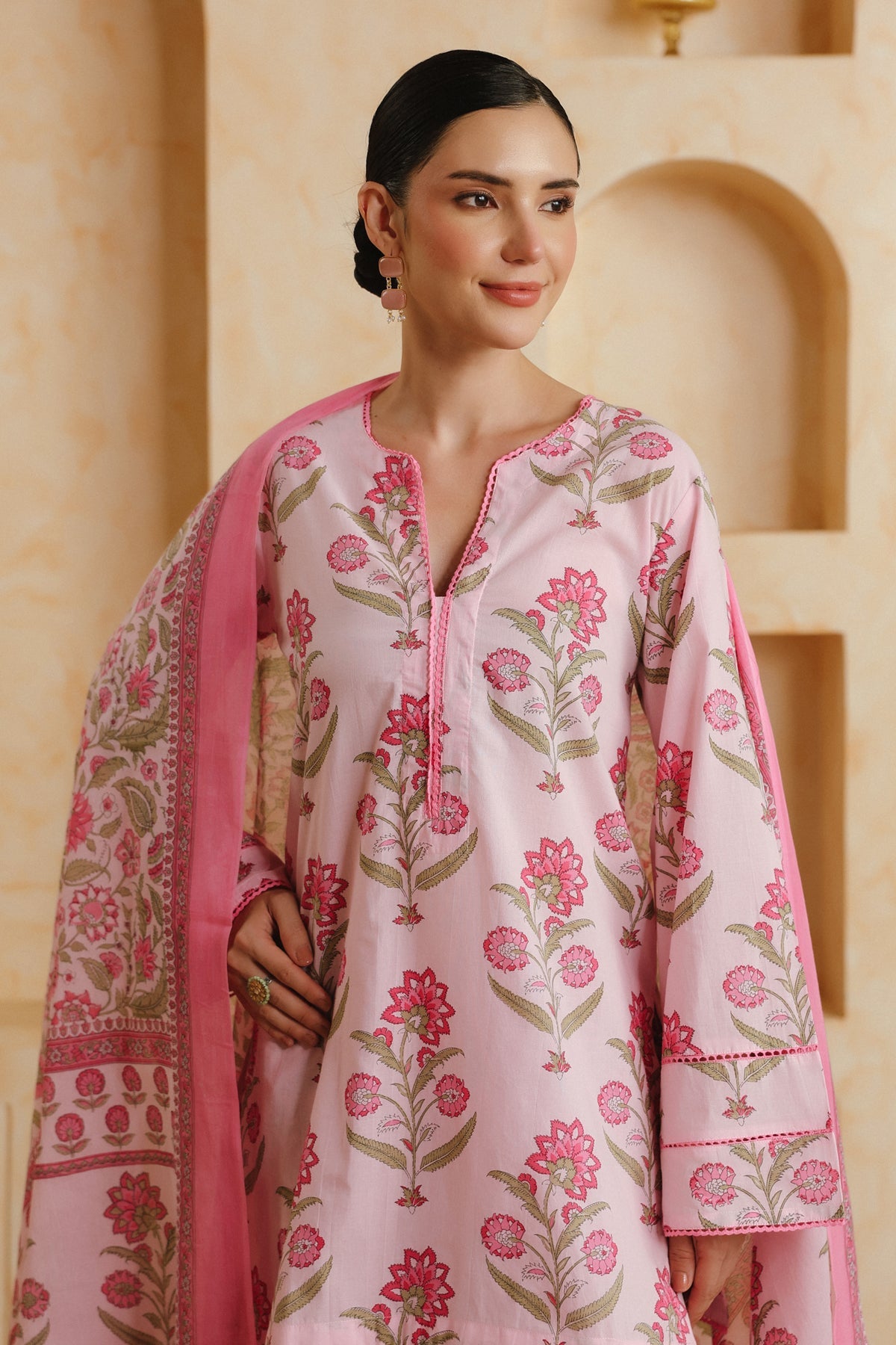 Pink Printed Cotton Farshi Kurta, Salwar & Dupatta Set