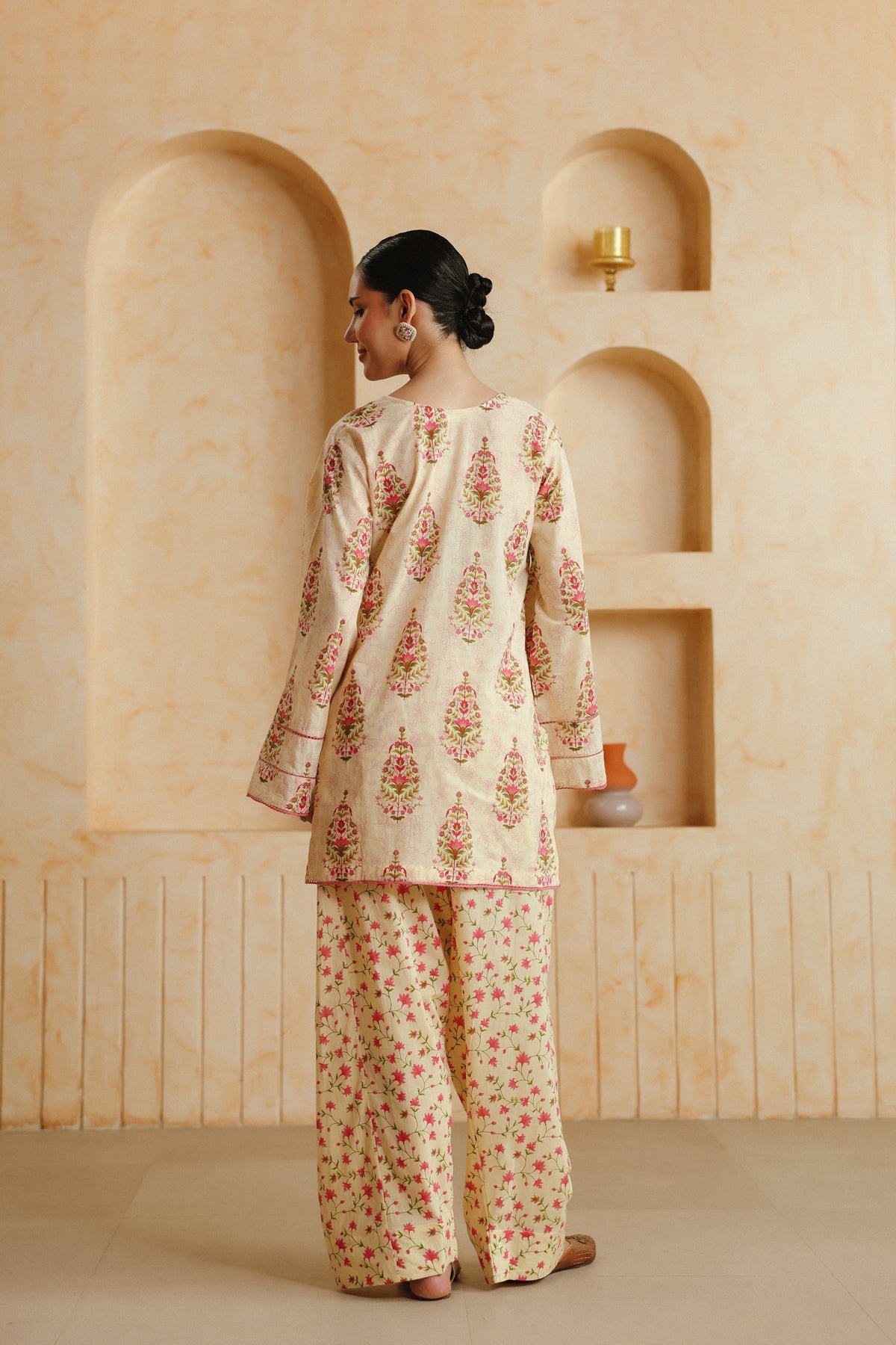 Cream Printed Cotton Farshi Kurta, Salwar & Dupatta Set