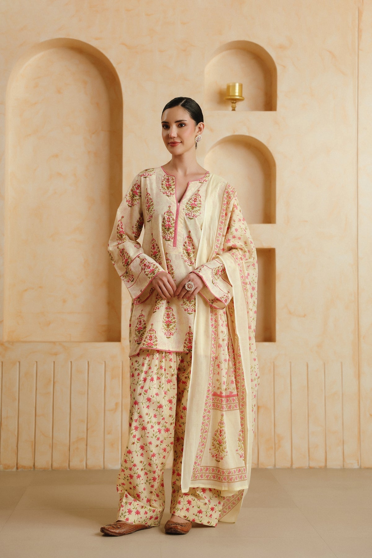 Cream Printed Cotton Farshi Kurta, Salwar & Dupatta Set