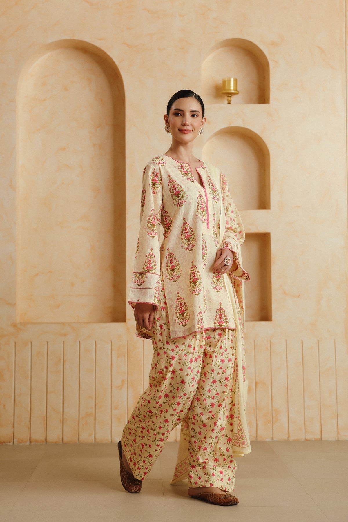 Cream Printed Cotton Farshi Kurta, Salwar & Dupatta Set