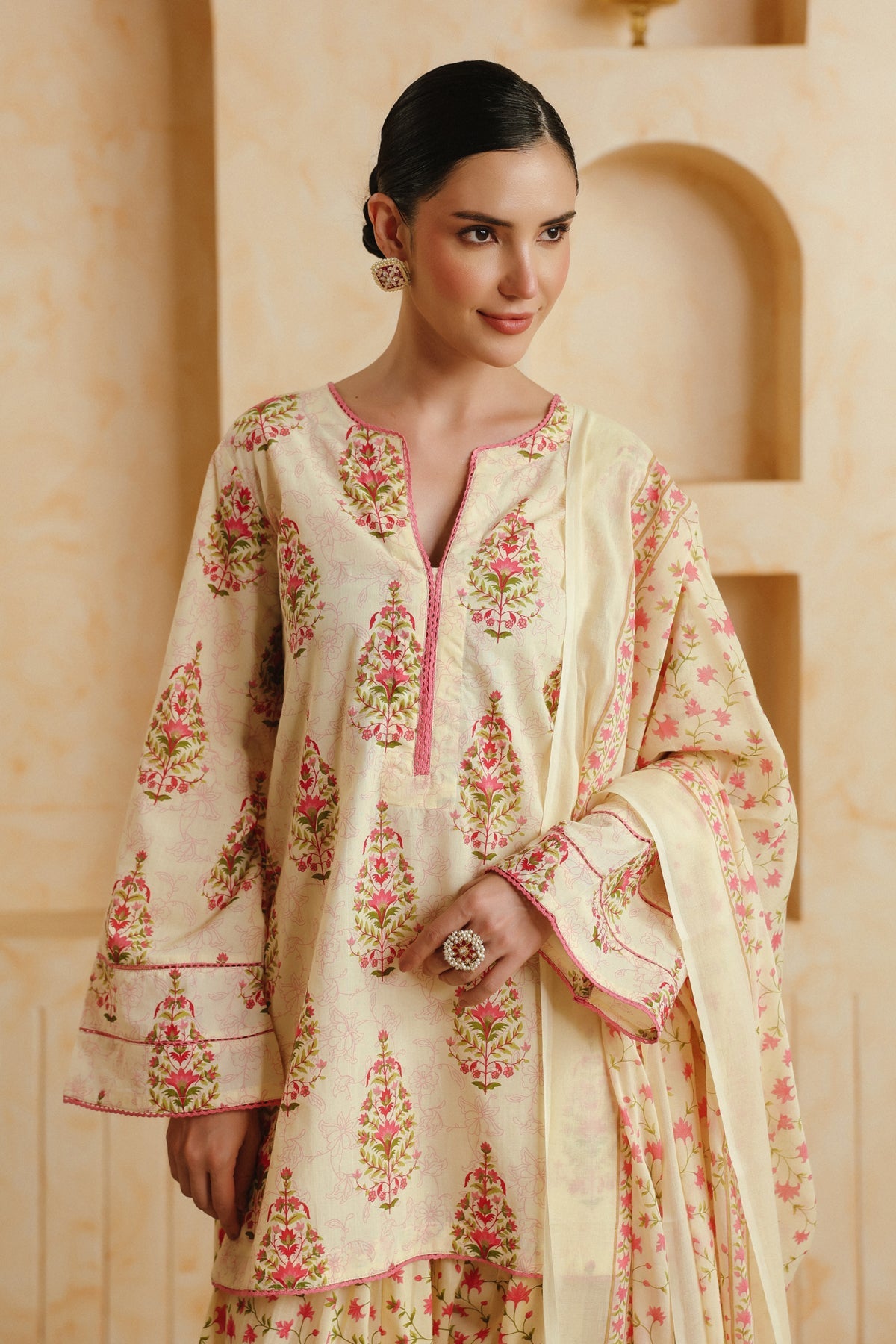 Cream Printed Cotton Farshi Kurta, Salwar & Dupatta Set